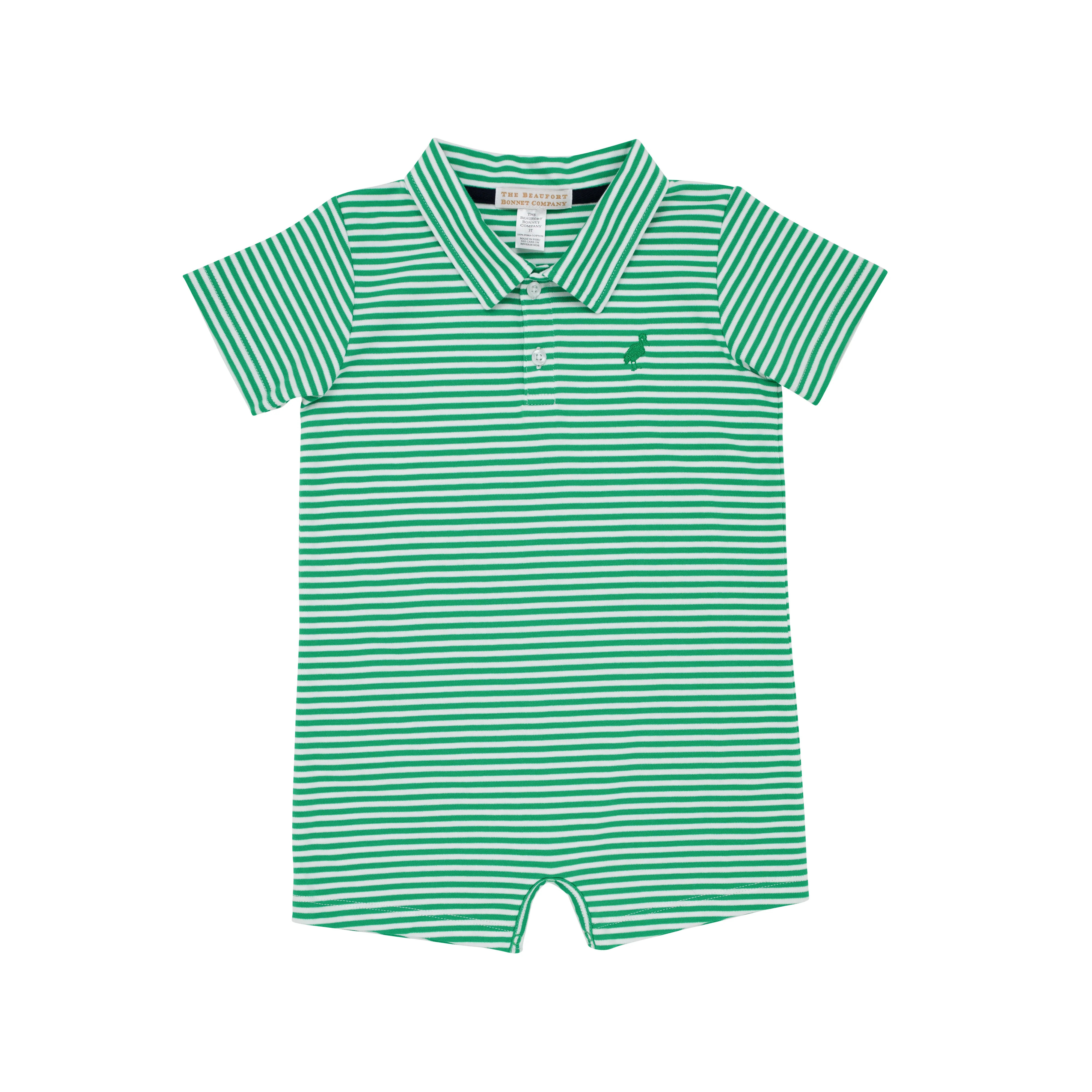 Sir Proper's Romper - Kiawah Kelly Green Stripe with Kiawah Kelly Green Stork | The Beaufort Bonnet Company
