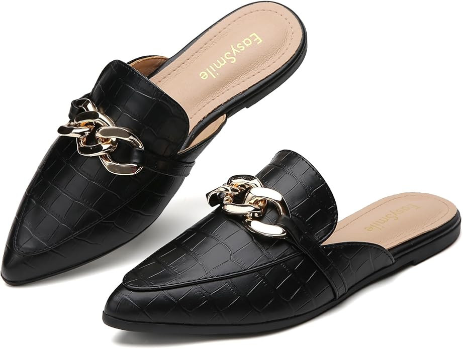 Metal Chain Decor Flat Mules for Women Closed Pointed Toe Slip on Loafers Slides Backless Mules S... | Amazon (US)