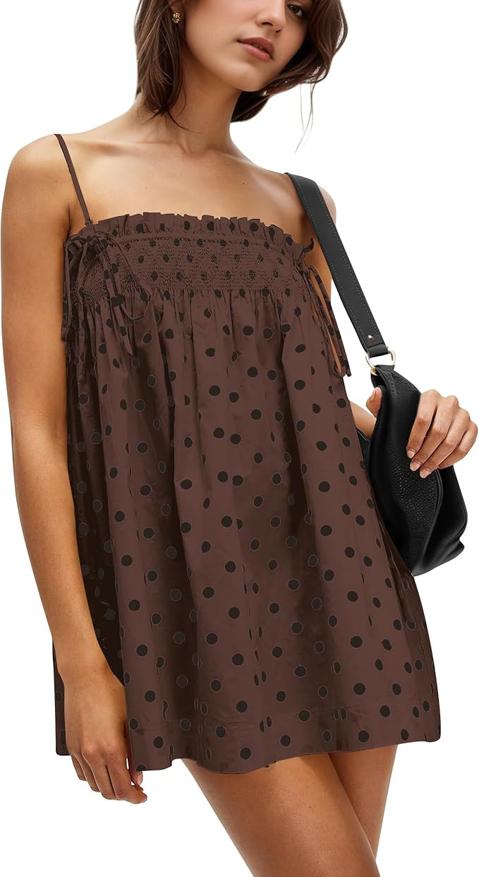 Women Polka Dot Sleeveless Square Neck Backless Spaghetti Strap Smocked Flowy Ruched Sexy Mini Ca... | Amazon (US)