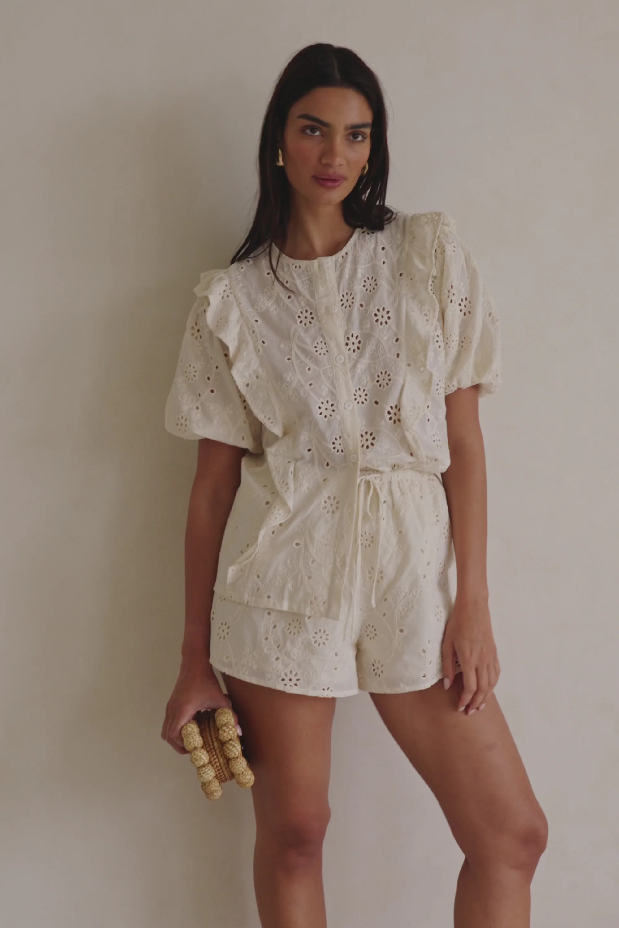 Beige Broderie Drawstring Wynter Shorts | Sabo Skirt US