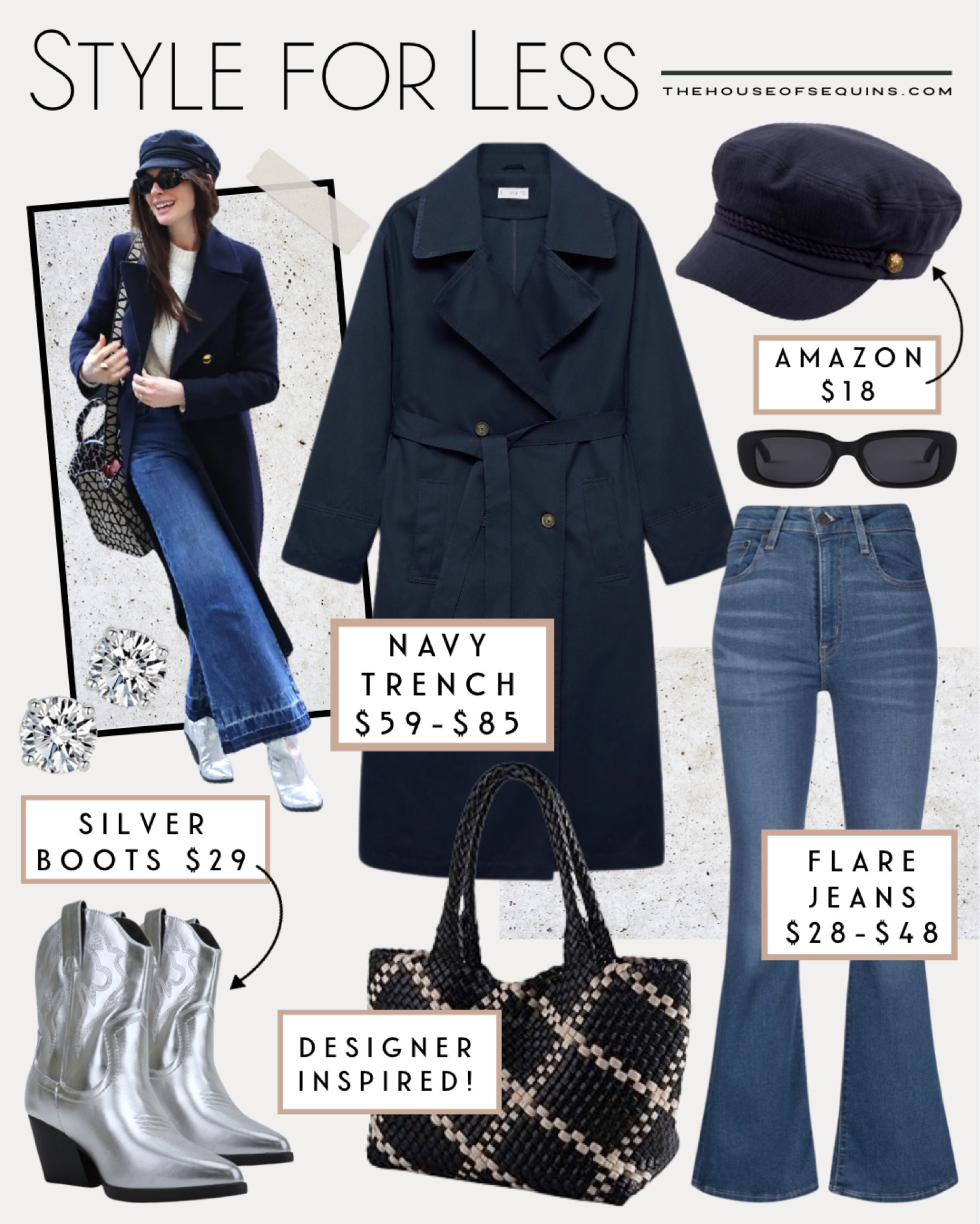 Comment SHOP below to receive a DM with the link to shop this post on my LTK ⬇ https://liketk.it/4OwHp

Shop this Anne Hathaway celebrity style Fall outfit look for less! Navy trench coat, flare jeans, metallic boots, Western boots, Naghedi bag Inspired Amazon Find woven tote, newbi newsboy cap and more!  #ltkstyletip #ltkfindsunder50 #ltkfindsunder100