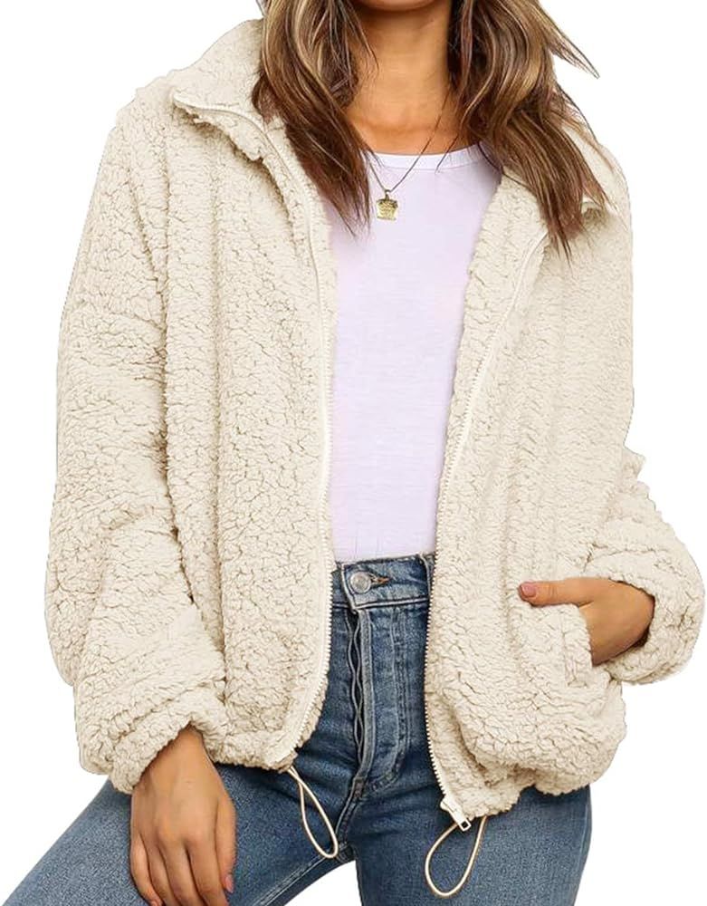 Women's Fashion Long Sleeve Lapel Zip Up Faux Shearling Shaggy Oversized Coat Jacket with Pockets... | Amazon (US)