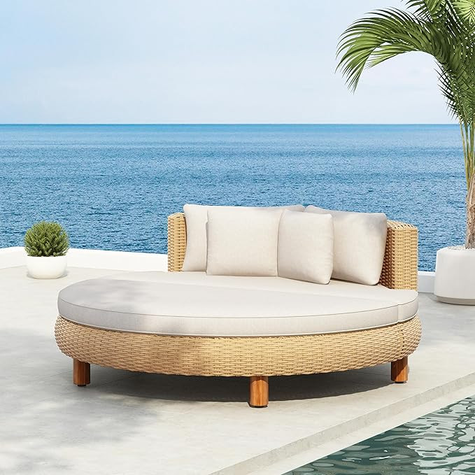 Scott Living Jennie Outdoor Round Wicker Daybed with Water-Resistant Beige Cushions and Pillows, ... | Amazon (US)