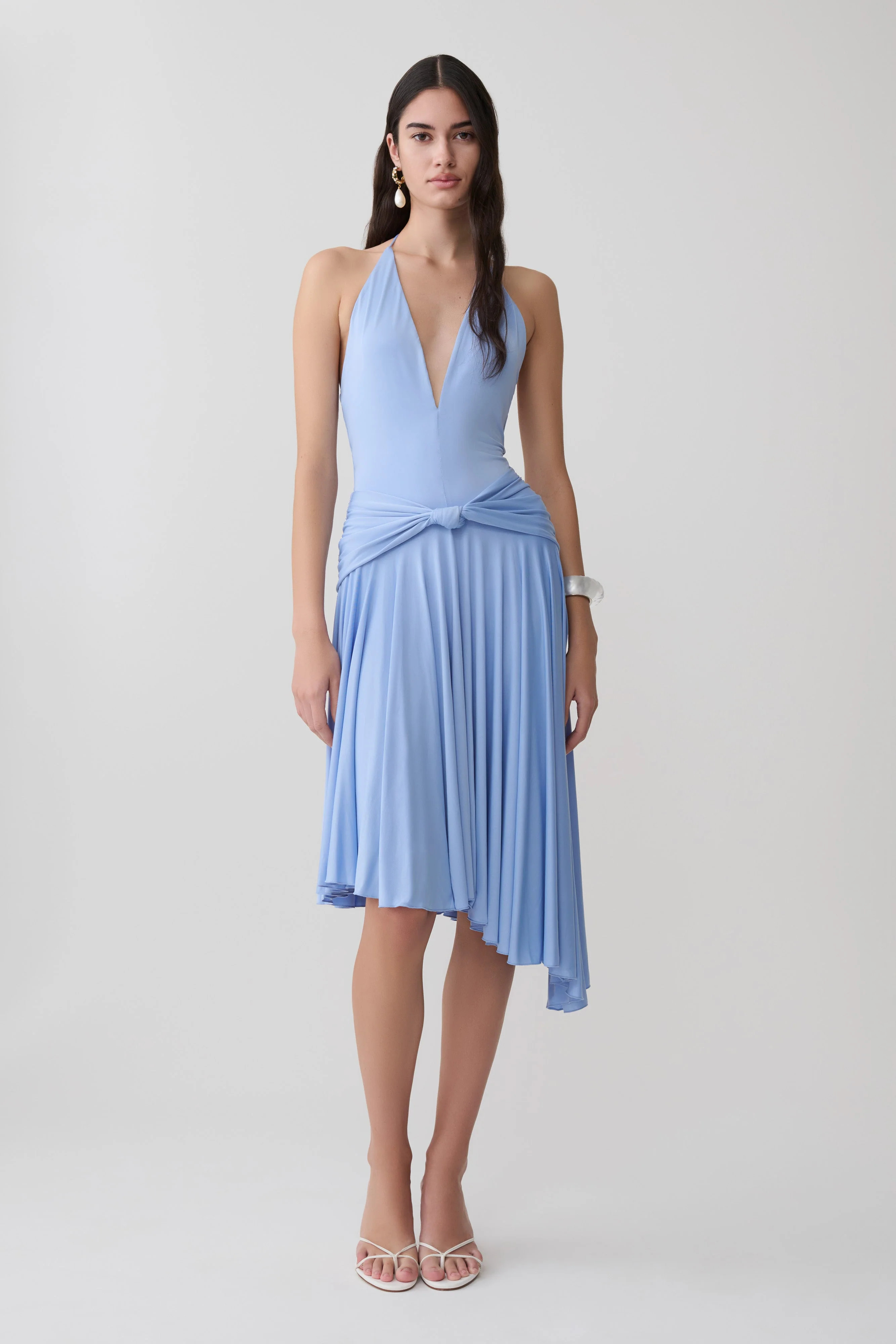 Zelda Asymmetric Slinky Midi Dress - Cornflower Blue | Meshki UK