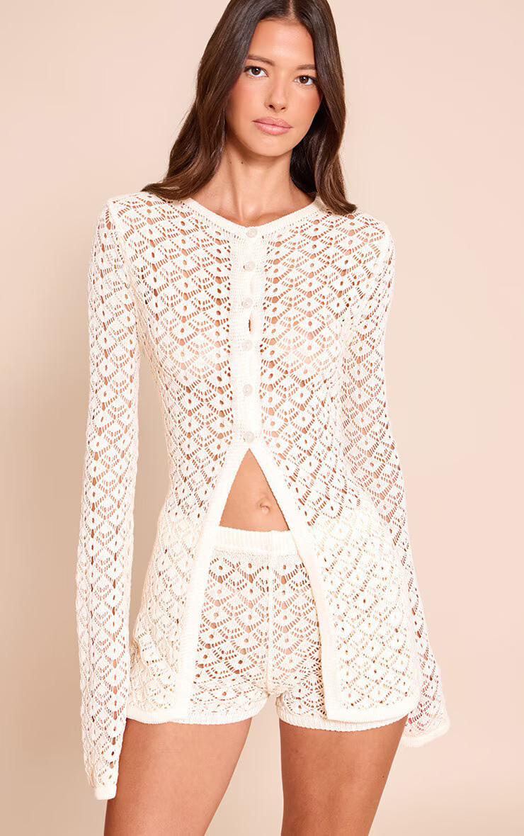 Cream Crochet Knit Long Sleeve Cardigan | Knitwear | PrettyLittleThing UK