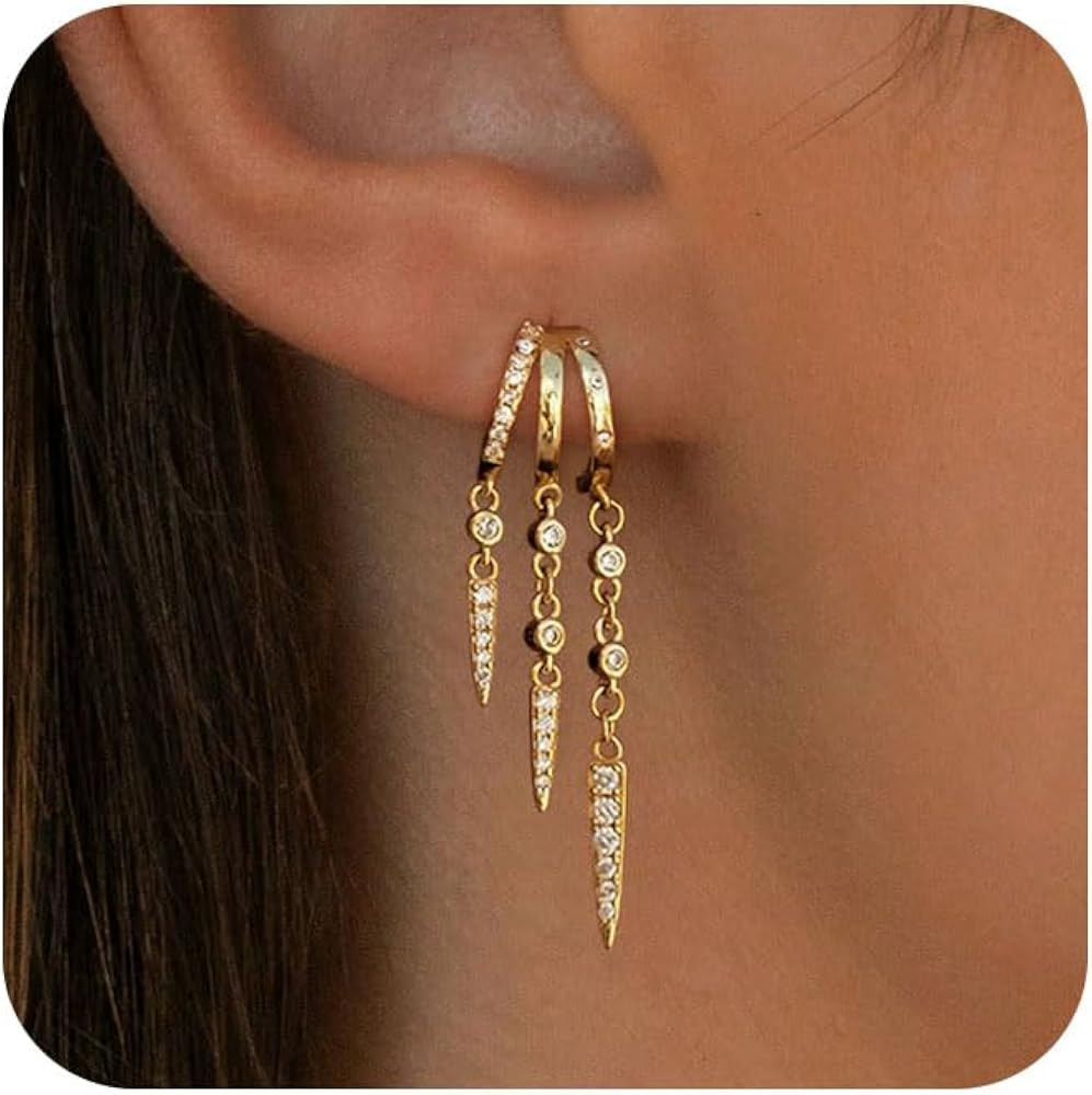 Dangle Earrings For Women,Dainty 14K Gold Plated Hypoallergenic Small Triple Huggie Hoop Earring ... | Amazon (US)