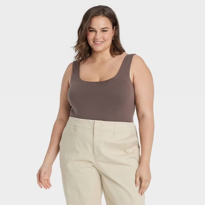 Women's Seamless Tank Bodysuit - A New Day™ Light Brown XXL: Nylon Spandex Blend, Slim Fit, Square Neckline, Crotch Snap Closure | Target