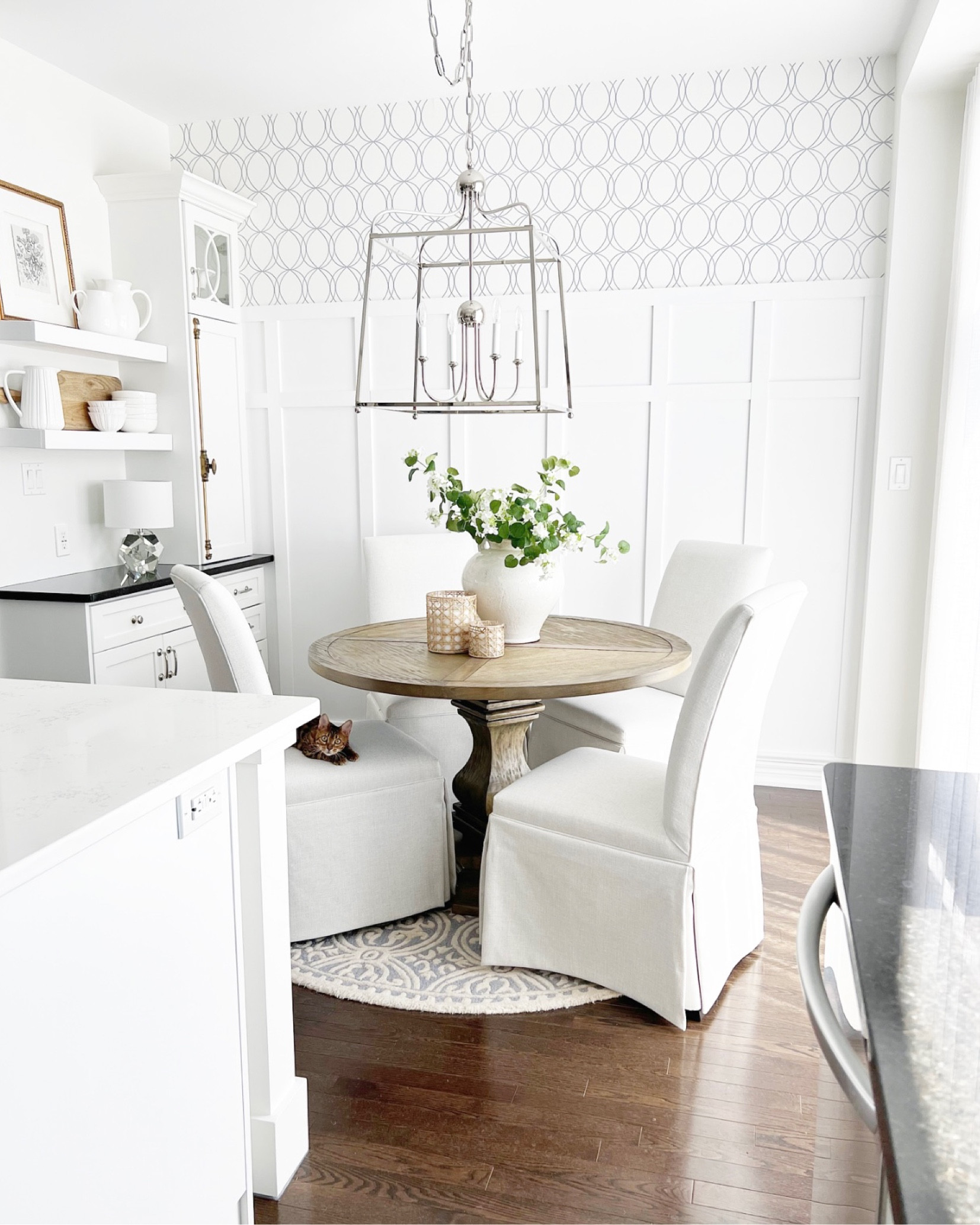 Dinette decor. Dining room. Grand millennial. Traditional decor. Skirted dining chairs. Pedestal dining table  

#LTKFind #LTKhome #LTKsalealert