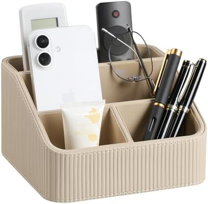 Remote Control Holder with 4 Compartments, PU Leather Small Nightstand Organizer for Home Desk Ac... | Amazon (US)