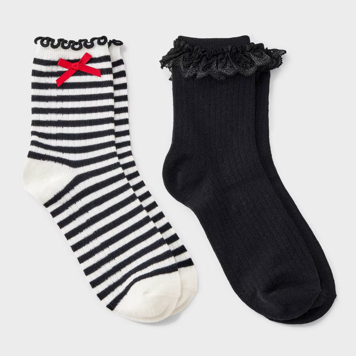 Women's Striped Waffle Knit 2pk Crew Socks with Bow Applique - Auden™ Ivory/Black/Red 4-10 | Target