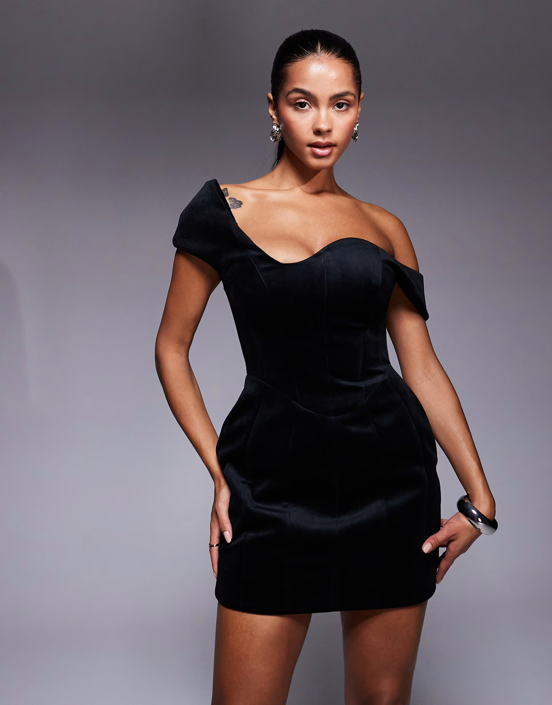 ASOS DESIGN wired neckline bardot mini dress with tulip hip in black | ASOS (Global)