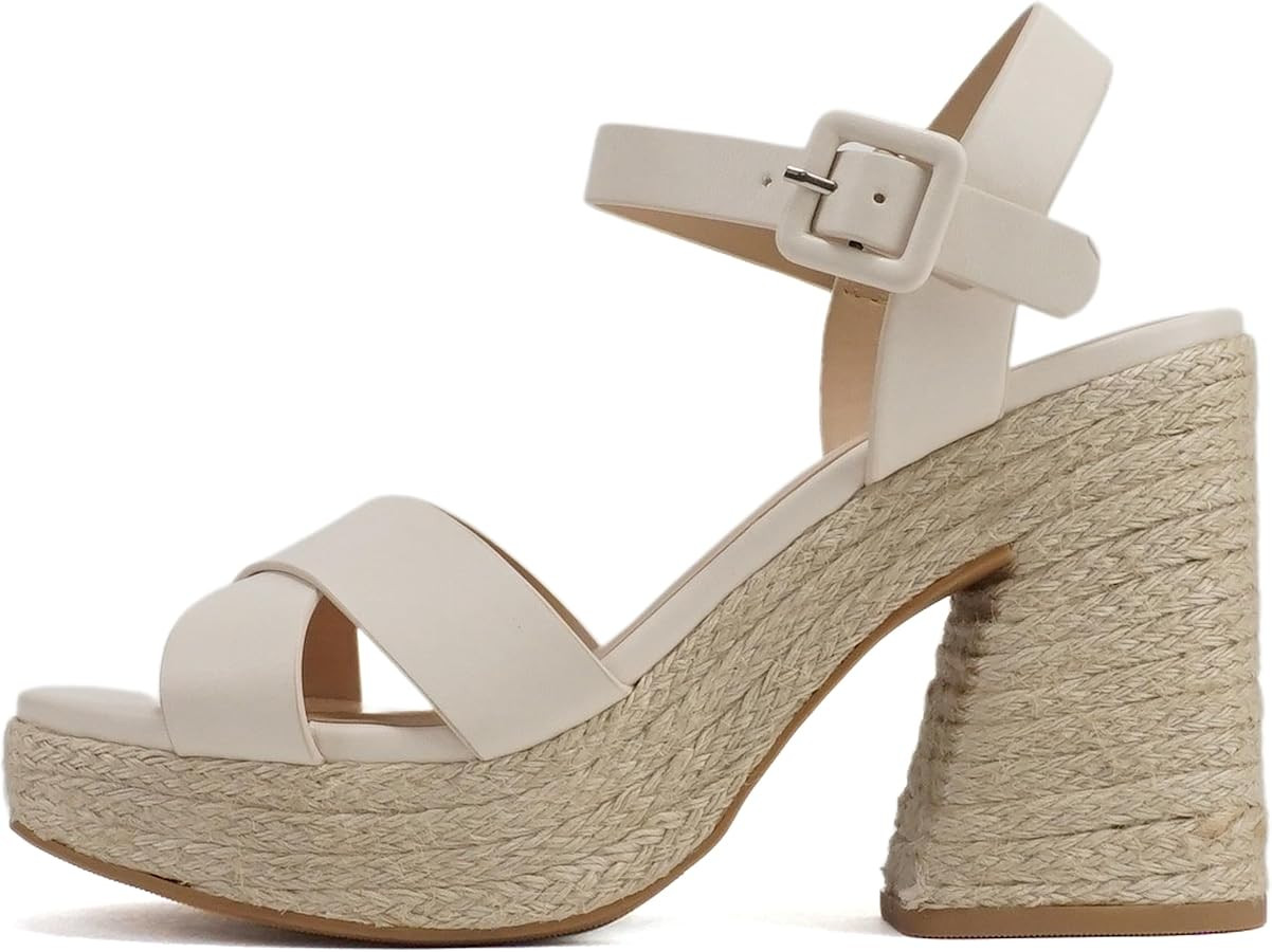 Soda “NOBLE” ~ Women Open Square Toe Crisscross Band Ankle Strap High Heel Espadrille Notch W... | Amazon (US)