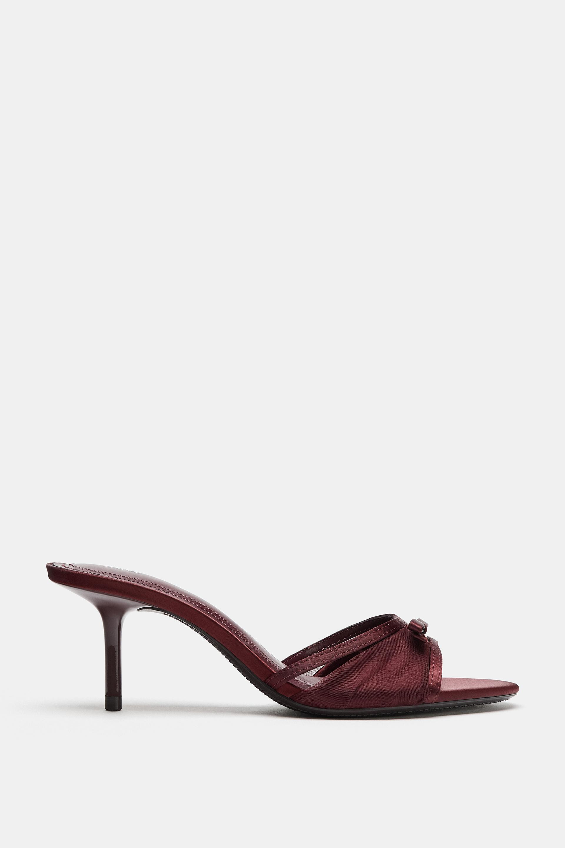 Zara - Mesh Bow Sandals - Burgundy Red - 7½ - Woman | Zara US
