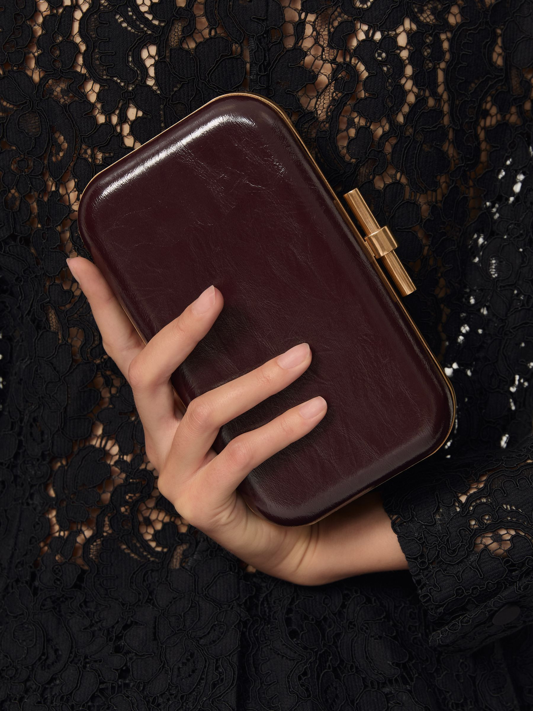 Patent Box Clutch Bag in Burgundy | Reiss UK