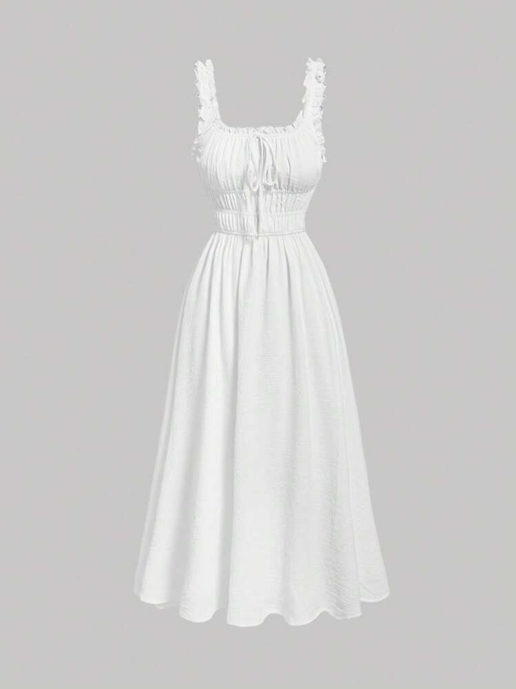 SHEIN MOD Solid Ruched Bust Frill Trim Cami Dress,Sun Dress,Summer Dresses For Women,White Graduation Dress | SHEIN