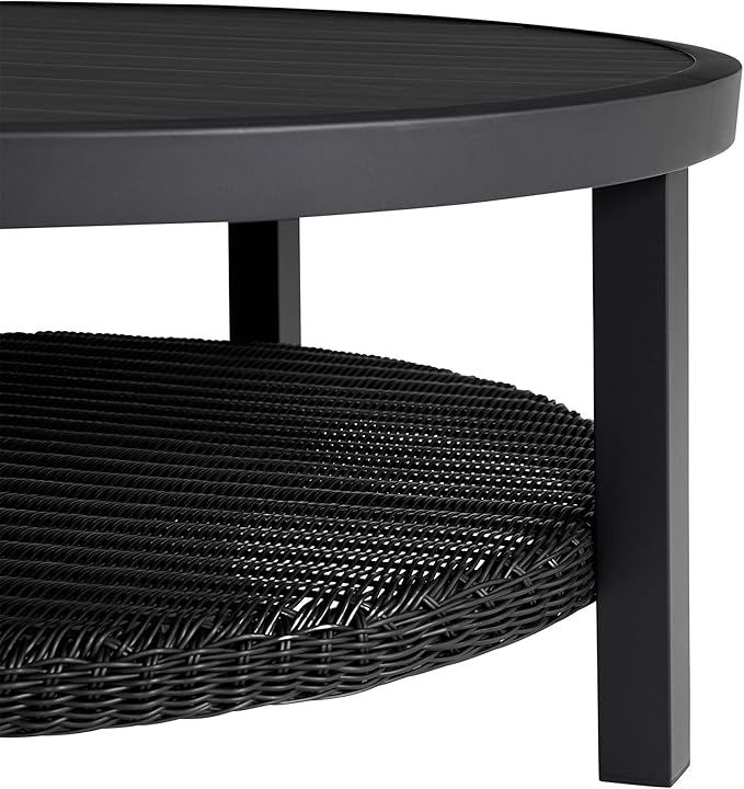 Armen Living Grand Modern Outdoor Patio Coffee Table with Shelf, Standard, Black Aluminum and Wic... | Amazon (US)