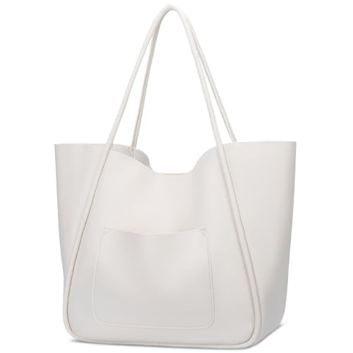 KKXIU Tote Bag for Women Vegan Leather Shoulder Purse Large Capacity Travel Bag - White | Amazon (US)