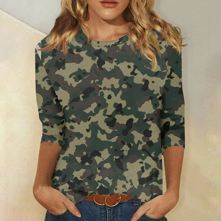 SAATLERI Womens Plus Size Camo Tops Fall Trendy Graphic 3/4 Sleeve Tee Tops Crewneck Casual Loose... | Walmart (US)