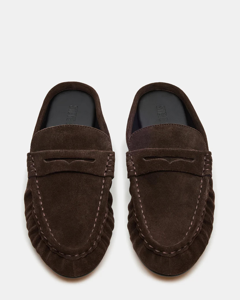 RAFE Chocolate Brown Suede Slip-On Mule Women's Flat | Steve Madden (US)
