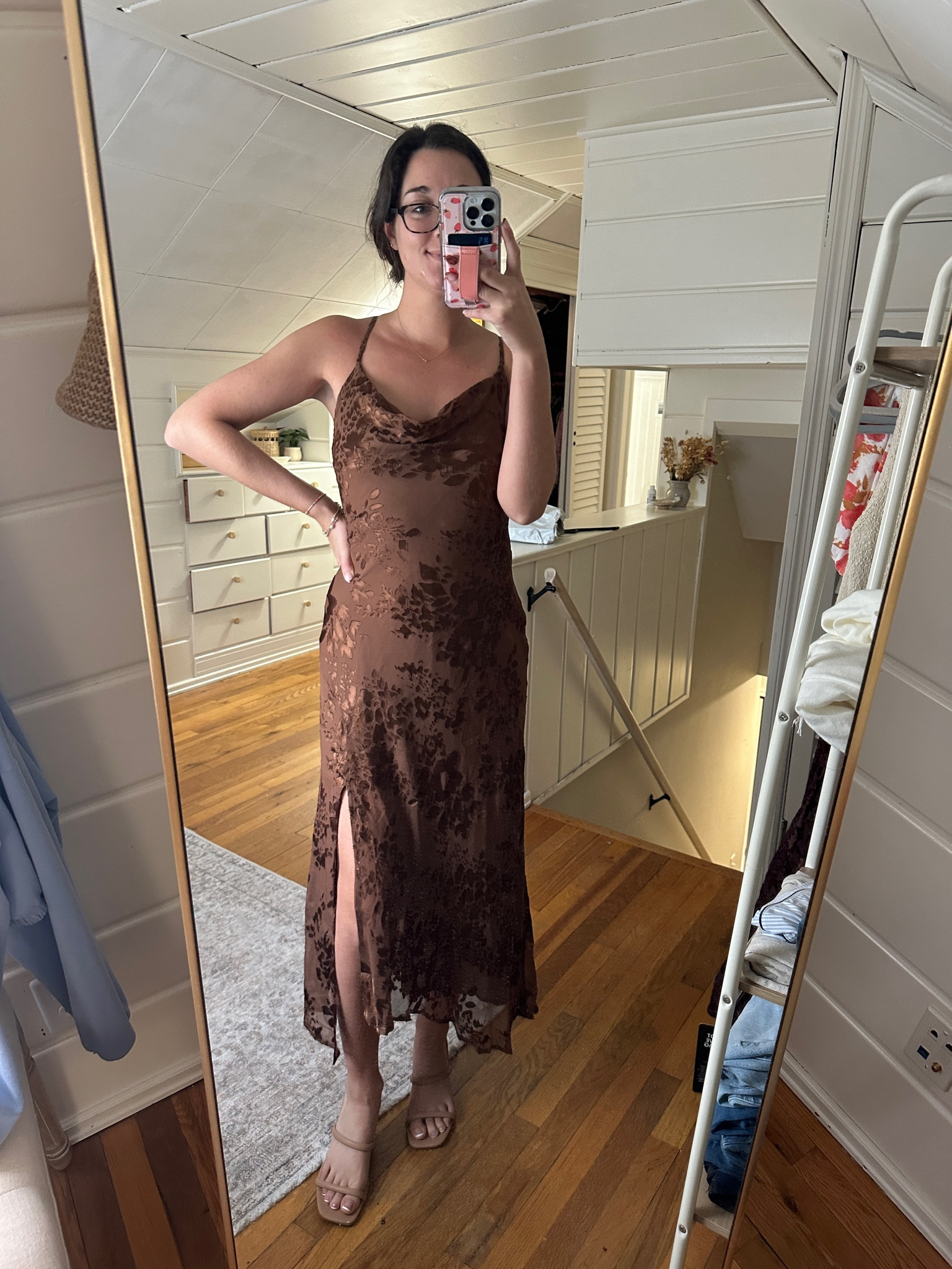 Brown floral midi dress for fall wedding guest 

	
ASTR the Label Gaia Floral Print Cowl Neck Sleeveless Slip Dress

cowl neck dress with slit, strappy back brown dress 

#LTKsalealert #LTKstyletip #LTKSeasonal