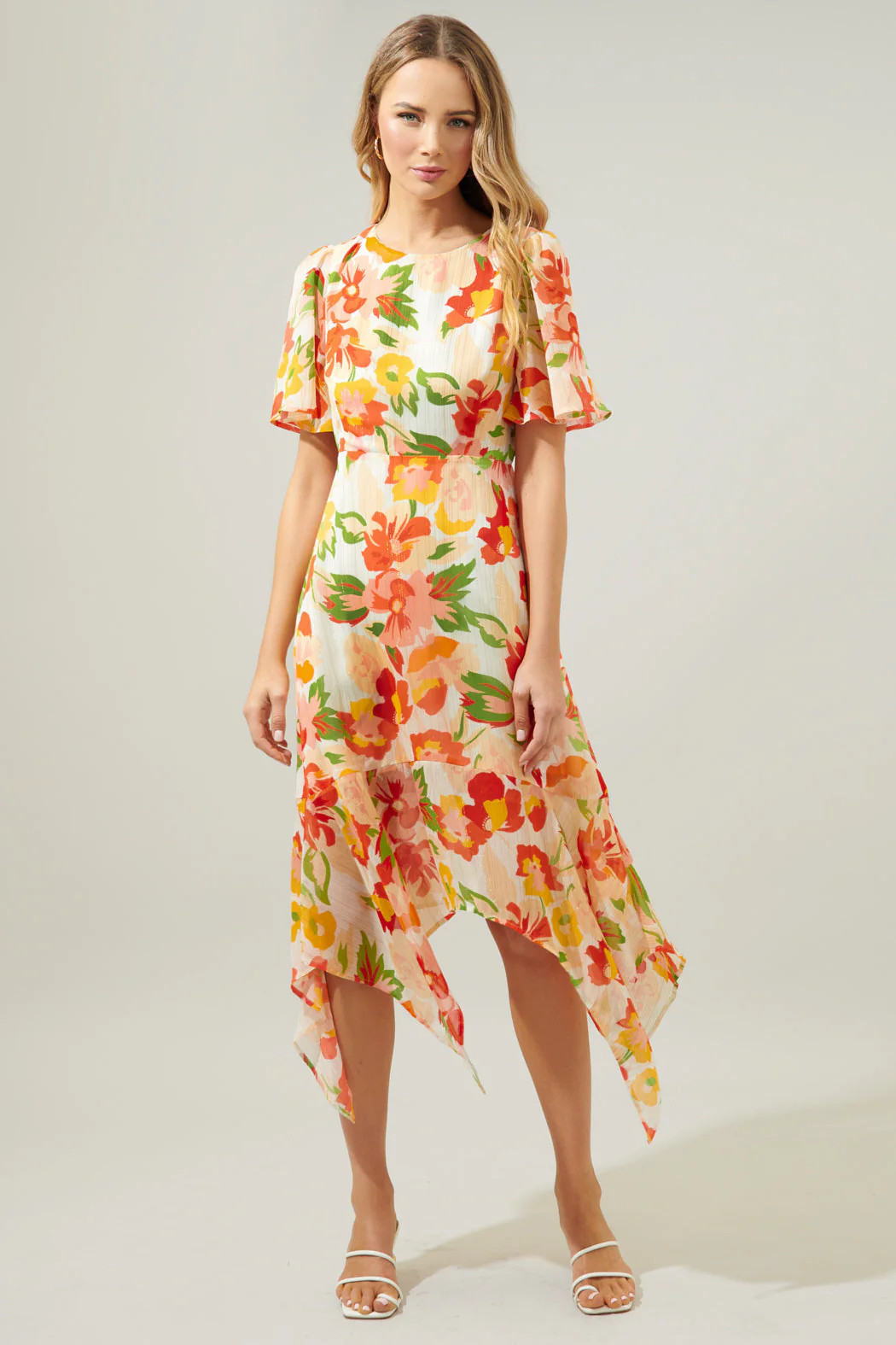 Kailua Floral Aerin Asymmetrical Flutter Midi Dress | Sugarlips