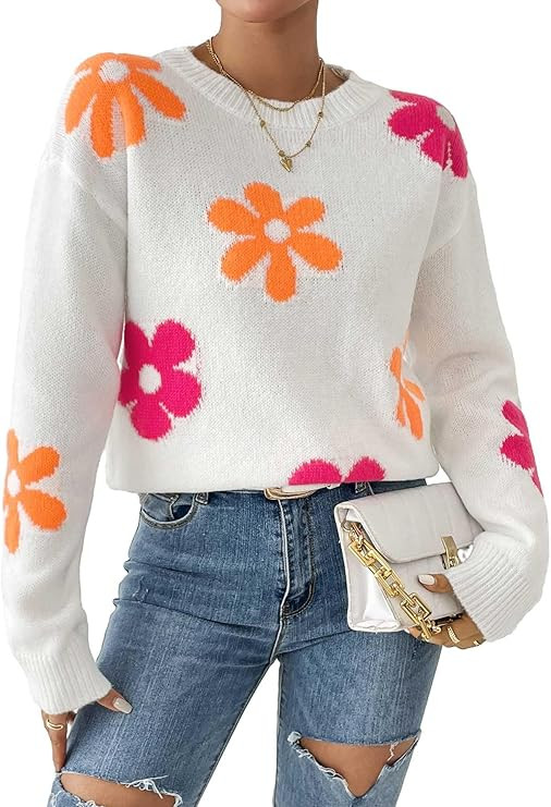 Womens Oversized Cute Flower Sweater Fall 2025 Trendy Vintage Y2k Floral Knit Crewneck Long Sleev... | Amazon (US)