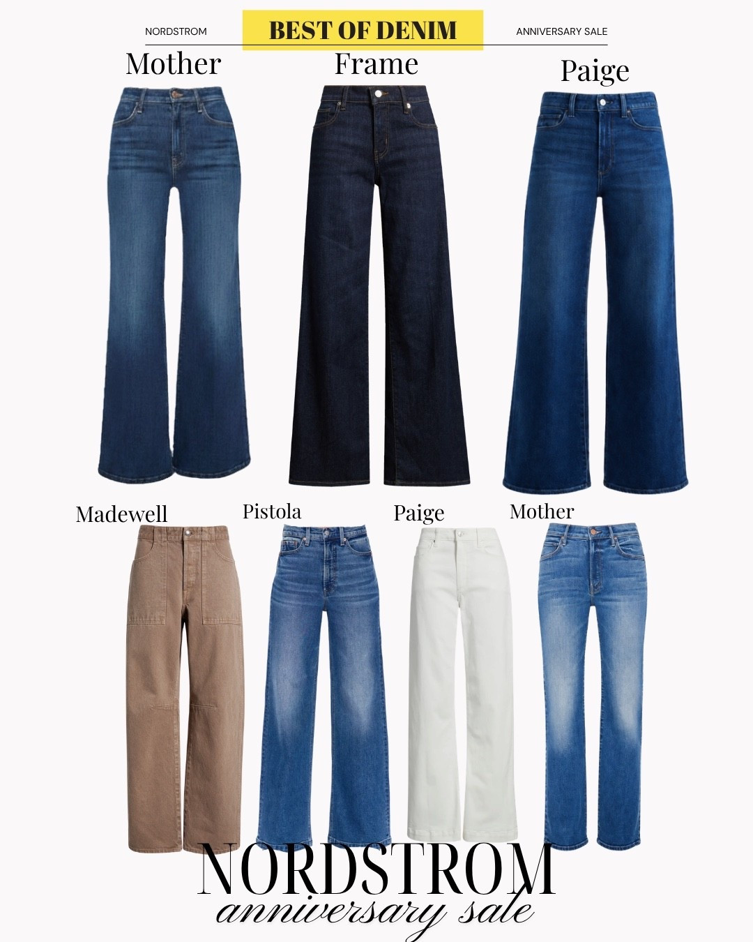 The Nordstrom anniversary sale favorite denim brands. Mother is my absolute favorite and I have the Frame Palazzo pants and white and love the dark blue for fall and winter! ￼

#LTKSaleAlert #LTKOver40