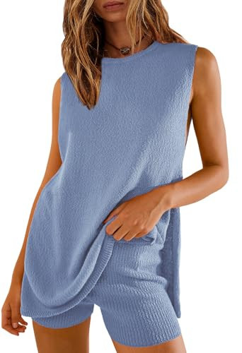SENSERISE Womens 2 Piece Beach Set Top and Shorts Travel Vacation Lounge Sets 2025 Spring Outfits(Blue,XL) | Amazon (US)