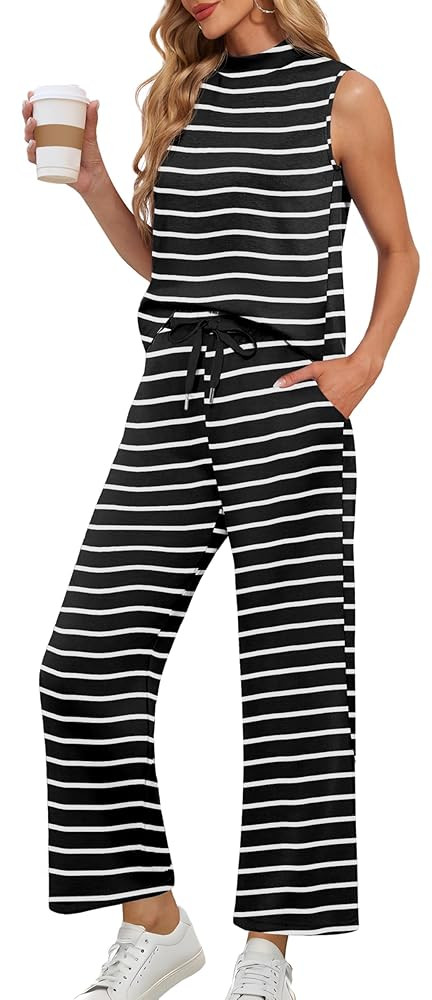 Lepunuo Two Piece Sets for Women Summer Mock Neck Sleeveless Top Wide Leg Pants Lounge Sets Vacat... | Amazon (US)