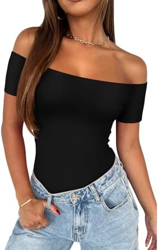 REORIA Women Sexy Off The Shoulder Short Sleeve Backless Basic Double Lined Thong Bodysuit Tops | Amazon (US)