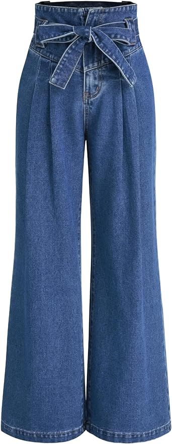 CIDER High Waist Solid Bowknot Wide Leg Jeans | Amazon (US)