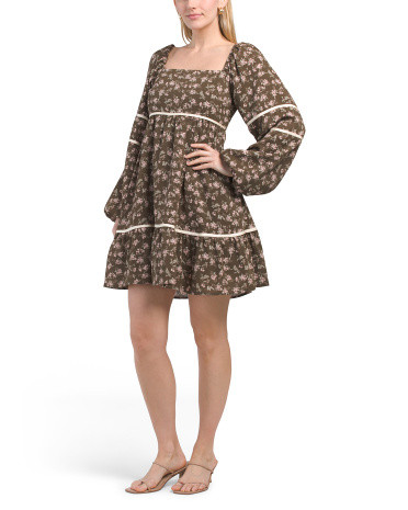 Long Sleeve Floral Contrast Trim Mini Dress | TJ Maxx