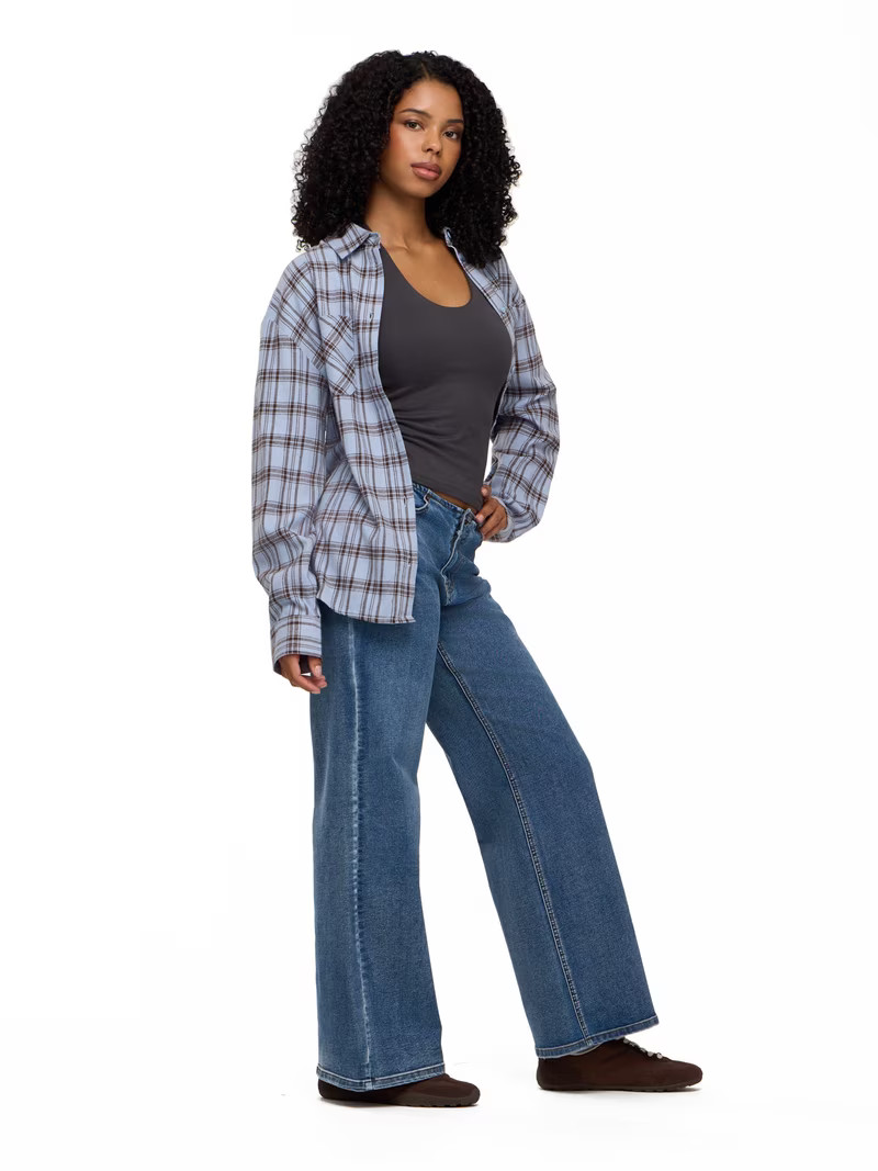 Forever 21 Women's Oversized Plaid Brushed Flannel Button Down Shirt with Patch Pockets, Long Sle... | Walmart (US)