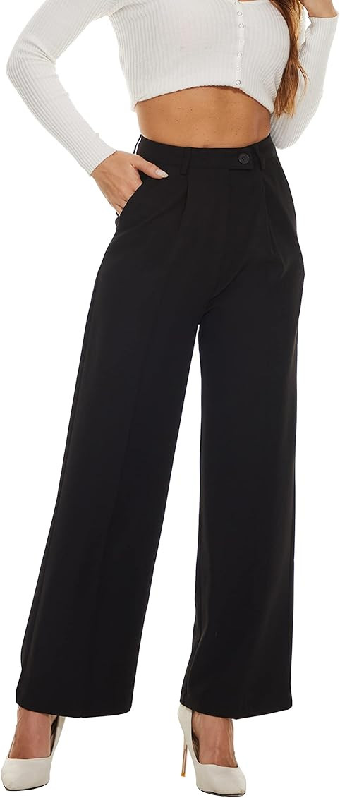 FUNYYZO Fall Women Wide Leg Pants for Work Asymmetric Button High Waist Casual Long Trousers Straigh | Amazon (US)