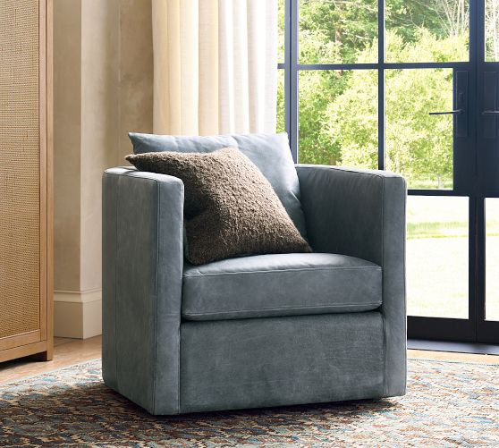 Ayden Barrel Arm Leather Swivel Chair | Pottery Barn (US)