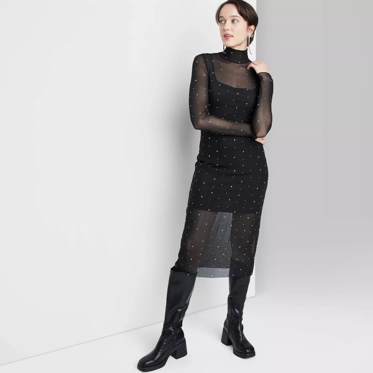 Women's Long Sleeve Rhinestone Mesh Midi Dress - Wild Fable™ Black | Target