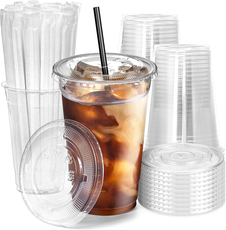 Fit Meal Prep 100 Pack 20 oz Plastic Iced Coffee Cups with Flat Lids and Black Straws, Disposable... | Amazon (US)