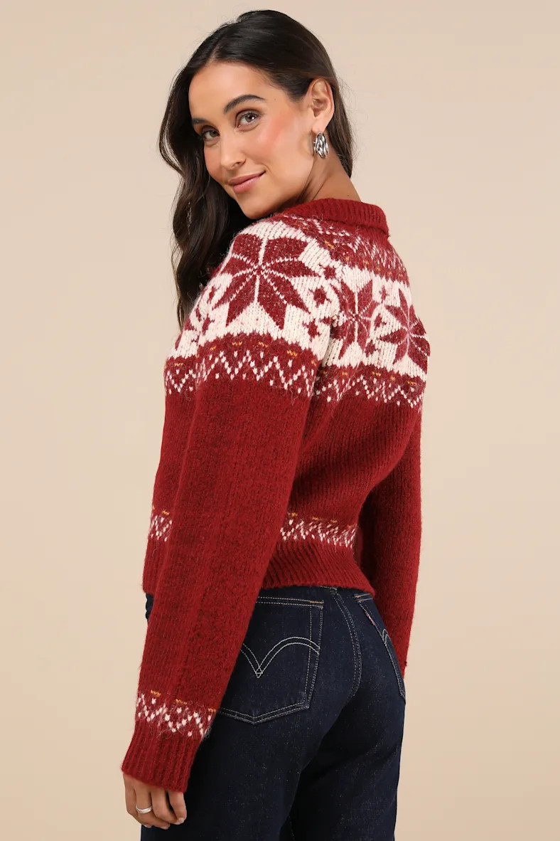 Snowy Snuggles Red Fair Isle Zip-Front Cardigan Sweater | Lulus