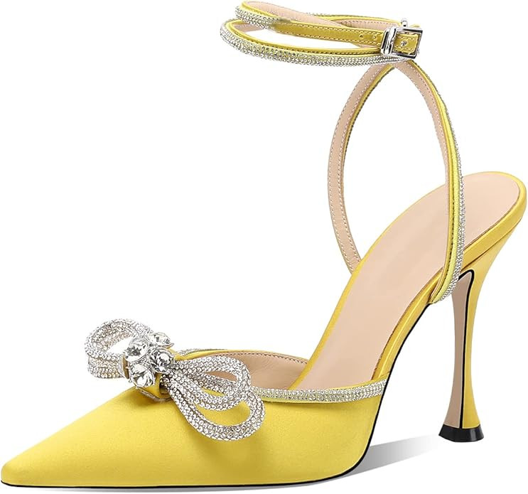 ARQA Women's Rhinestone Ankle Strap Pumps Satin Pointy Stilettos Backless Kitten Heels Wedding Dr... | Amazon (US)