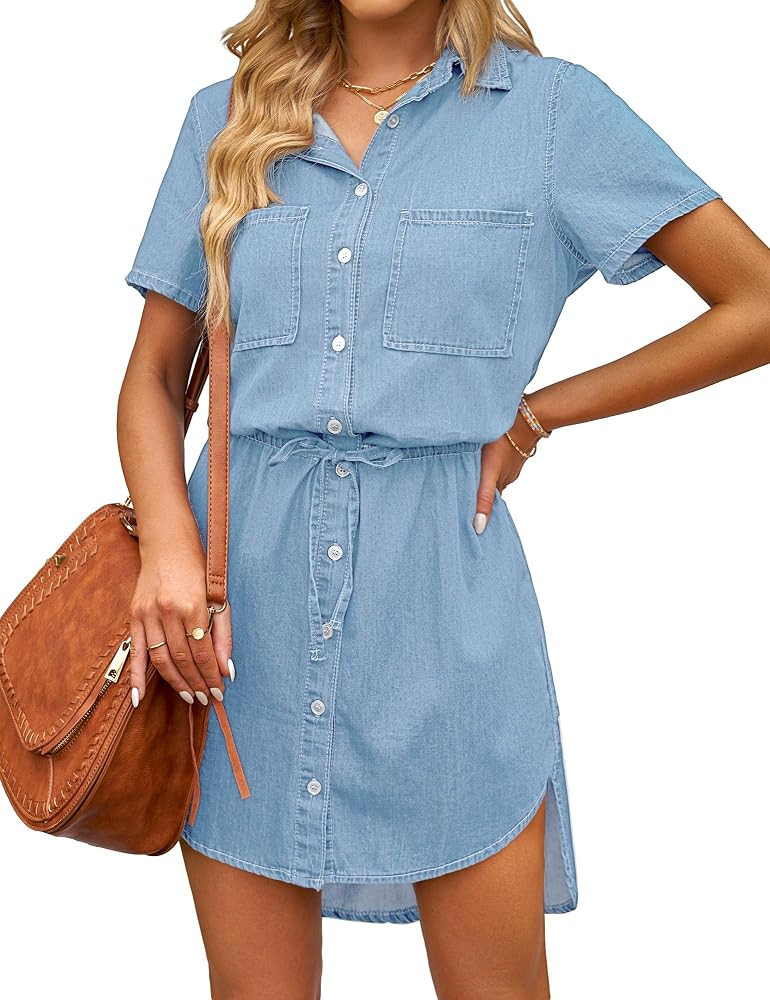 luvamia Women Casual Denim Dress Short Sleeve Tie Waist Classic Jean Shirt Dress | Amazon (US)