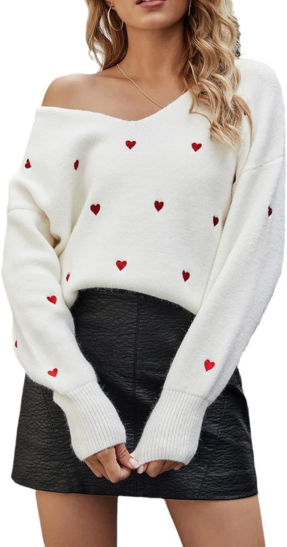 Women Cute Valentine Heart Graphic Jumper V-Neck Embroidery Knitted Loose Pullover Sweater Tops | Amazon (US)