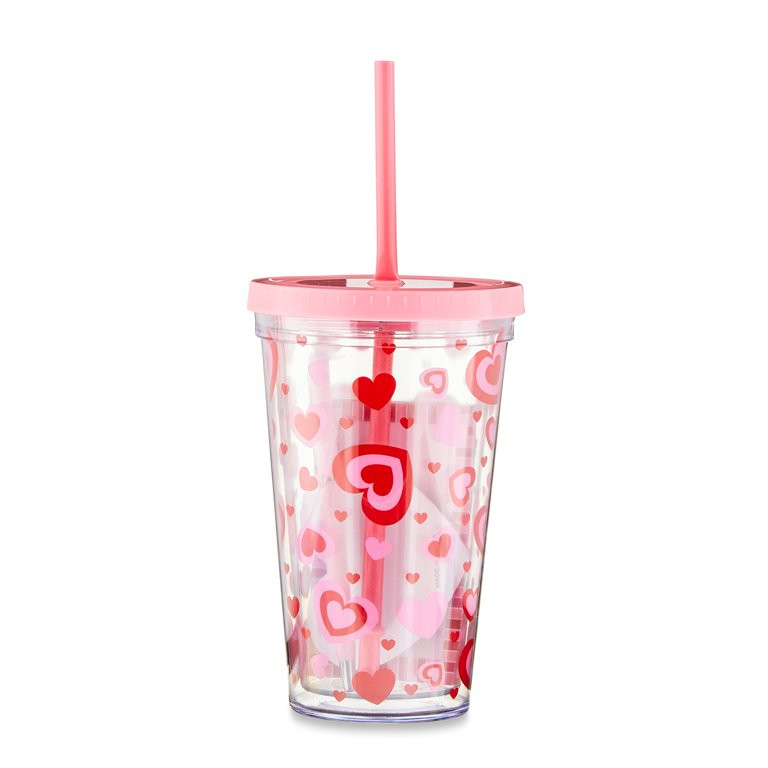 Valentine's Day Pink Heart Plastic Tumbler Gift Set, 18oz, by Way To Celebrate - Walmart.com | Walmart (US)