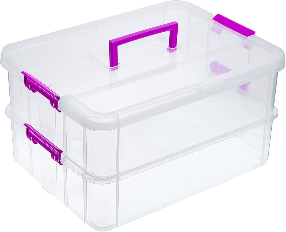 JUXYES 2-Tiers Stack Carry Storage Box With Handle, Transparent Stackable Storage Bin With Handle... | Amazon (US)