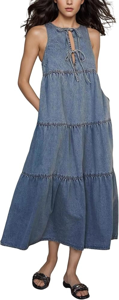 CHARTOU Women Bow Tie Front Lightweight Denim Dress Sleeveless Flowy Long Tank Dress with Pockets | Amazon (US)