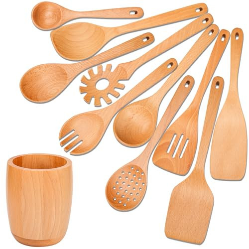 11 PCS WOSPONFAN Kitchen Utensils Set - Wooden Spoons for Cooking, Natural Beech Wood Wooden Utensils - Includes Wooden Spoons, Spatula Set, Slotted Spoon - Handmade Wooden Spoon Set | Amazon (US)