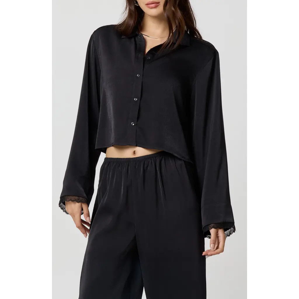 Florence by Mills Silky Satin Crop Sleep Shirt in Black at Nordstrom Rack, Size X-Large | Nordstrom Rack