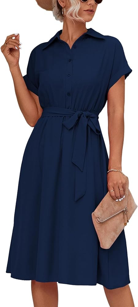 LYANER Women's Collar V Neck Button Front Tie Waist Short Sleeve Ruffle Hem Midi Dress | Amazon (US)