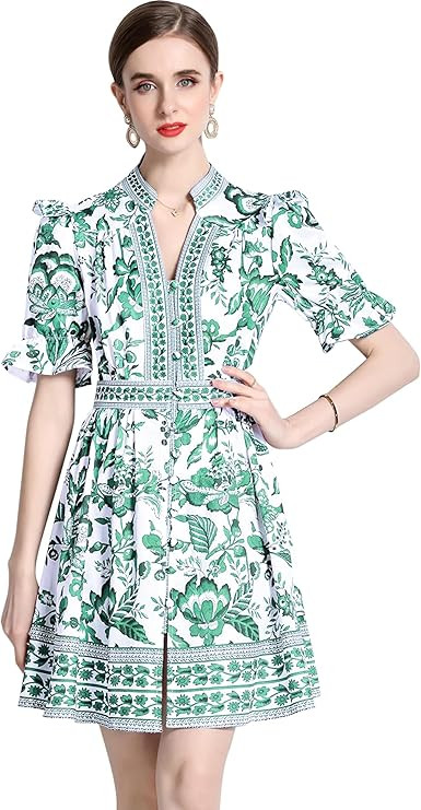 LAI MENG FIVE CATS Women's Button Up Short Puff Sleeve V-Neck Floral Print Split Casual Mini Dres... | Amazon (US)