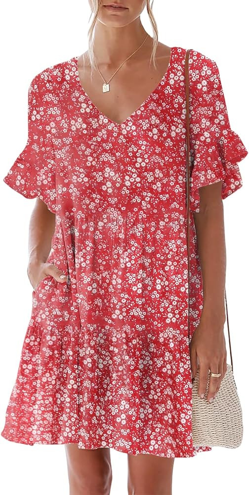 nclook Women's Summer Casual Dress Sweet & Cute V-Neck Mini Dress with Pocket Short Sleevele Ruff... | Amazon (US)