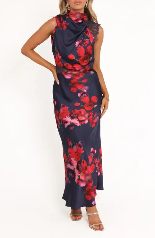 Petal & Pup Annabelle Floral Cowl Neck Satin Maxi Dress in Navy Floral at Nordstrom, Size X-Large | Nordstrom